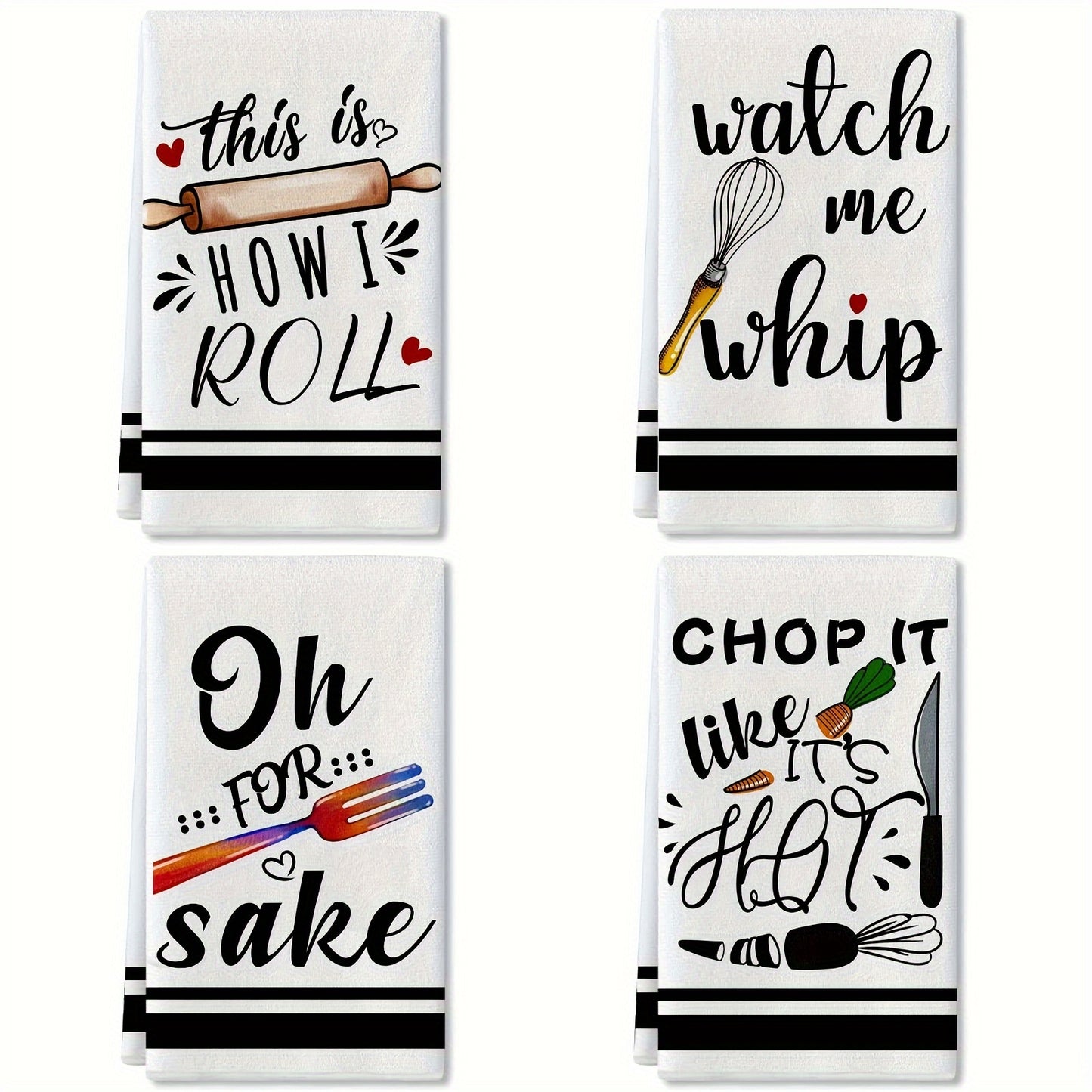 2 funny kitchen towels with sayings, egg beater and rolling pin design. Absorbent for drying dishes and ideal for cooking and baking.