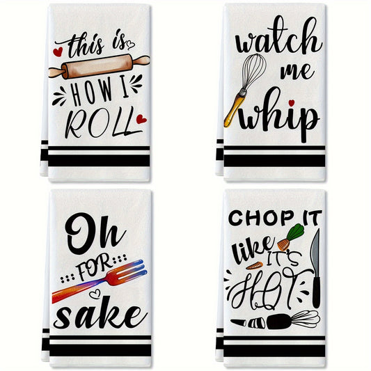 2 funny kitchen towels with sayings, egg beater and rolling pin design. Absorbent for drying dishes and ideal for cooking and baking.