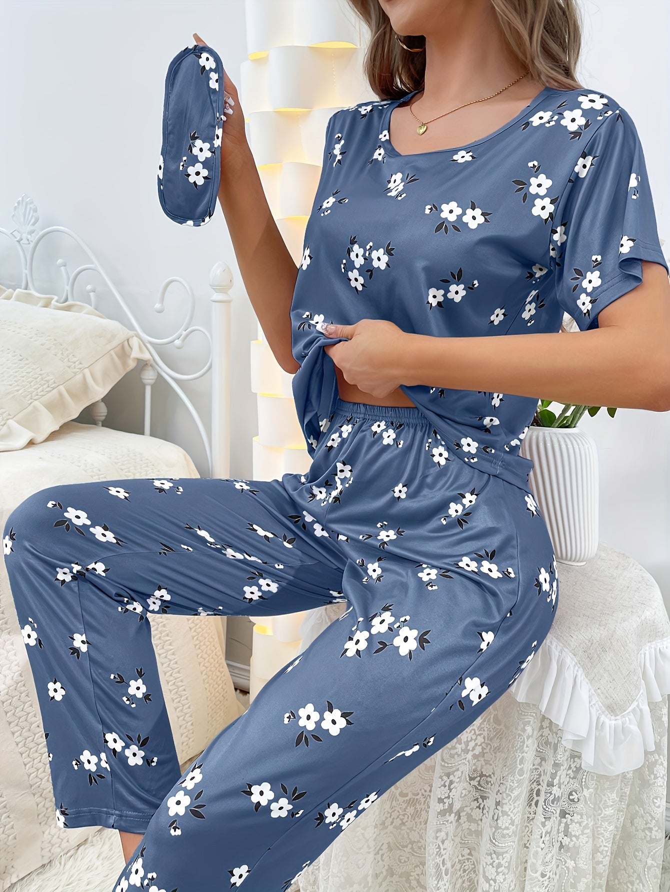 Floral lounge set with long sleeve top and pants for women's loungewear and sleepwear.