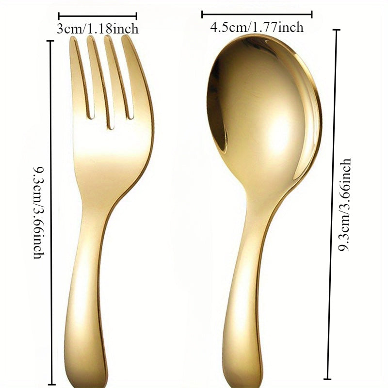 2-piece stainless steel cutlery set with short handles, perfect for travel, students, and dining - includes soup spoon and dessert fork.