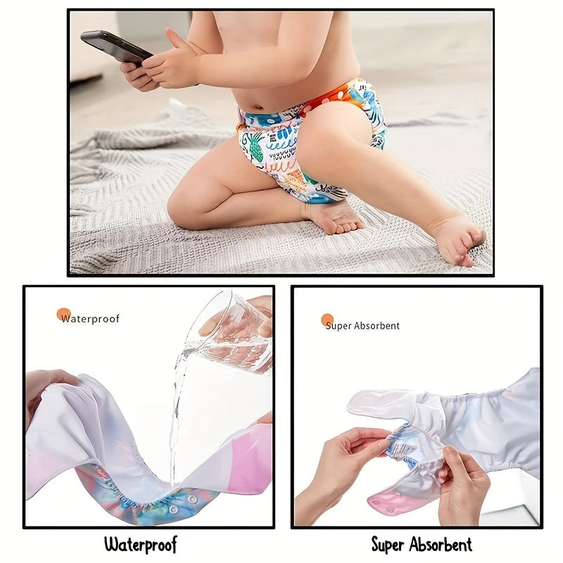 3-Pack of Baby and Toddler Training Pants - Waterproof Cotton Diaper Covers featuring Snaps, Printed Adjustable Cloth Diapers suitable for Newborns up to 3 Years Old, Absorbent and Reusable Nappy Pants