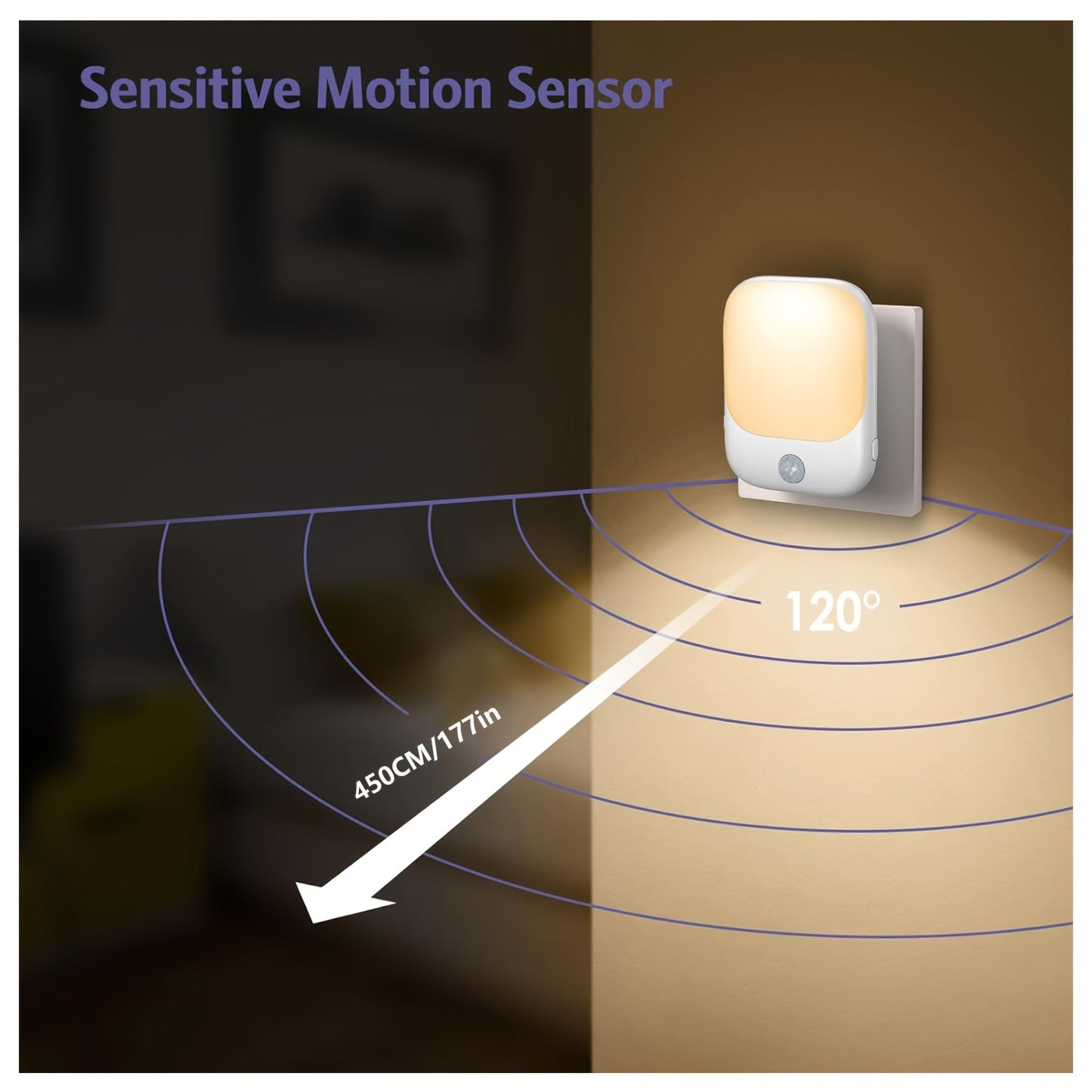 Motion sensor night light with 3 modes, 5 brightness levels, wall-mounted, ideal for kids' room, bedroom, stairway.