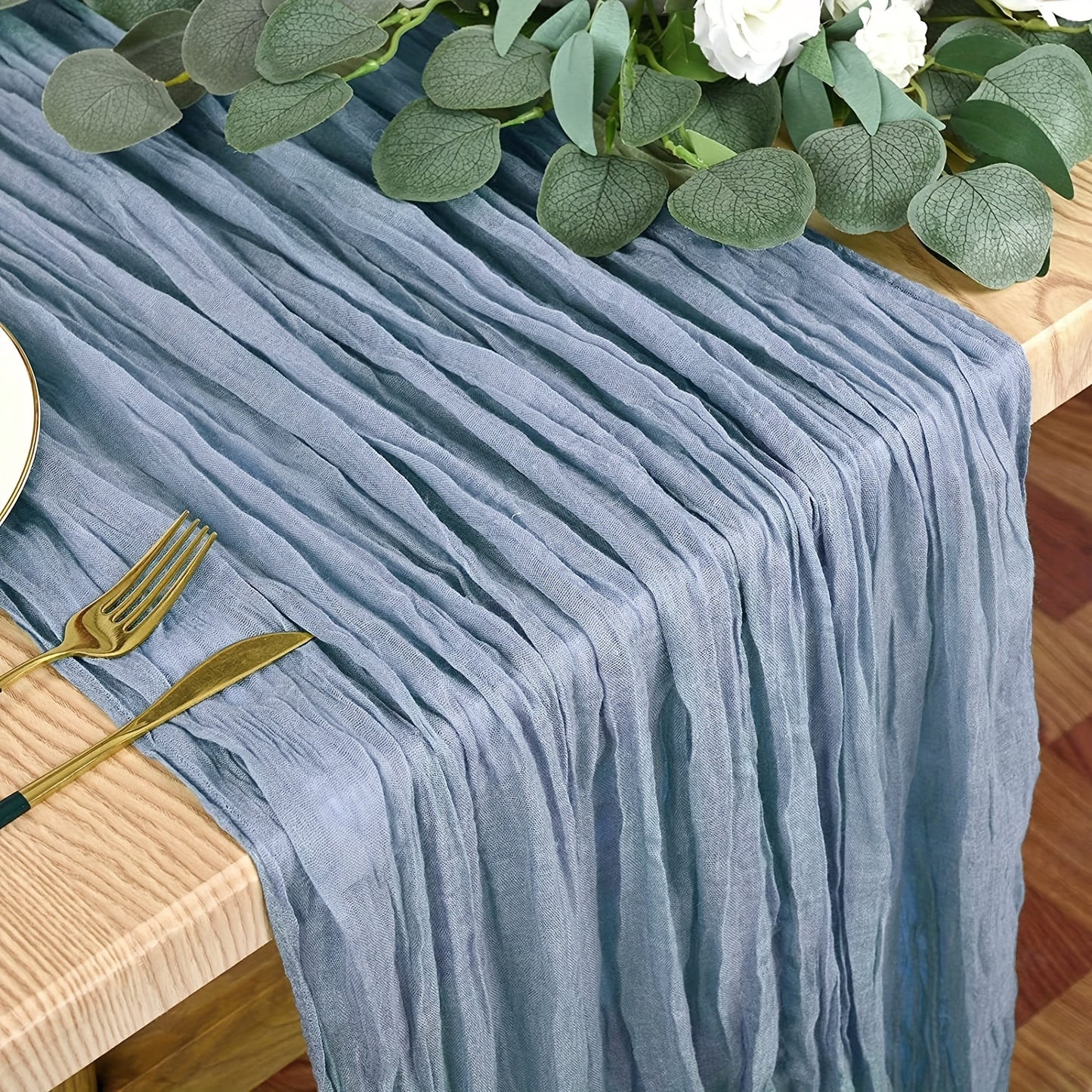 Boho style cheesecloth table runner for weddings, showers, parties, and home decor.