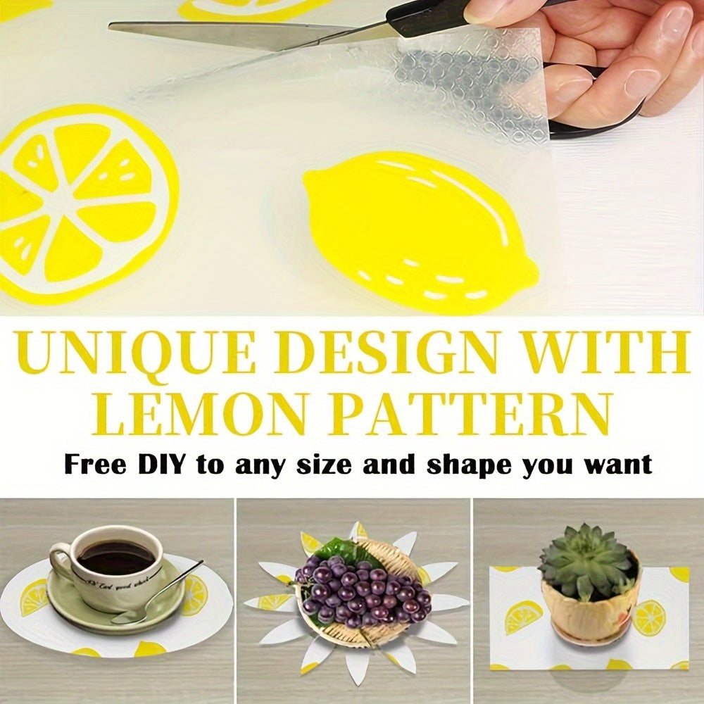 Water-resistant shelf liner in lemon pattern, suitable for kitchen cabinets, refrigerator, wire shelving, and more. Non-adhesive, non-slip design for easy use. Washable and reusable. Size: 29.97cm X 149.86cm. Ideal for multi-purpose use.