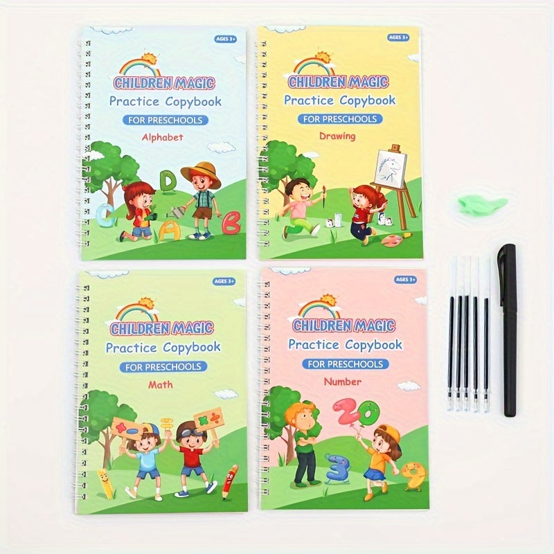 Bundle includes 4 notebooks, 5 pen refills, 1 grip, Groove Magic Practice Writing Book for beginners, a tracing book for numbers and English, fun writing stickers with disappearing ink.