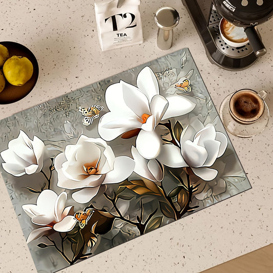 Magnolia Flower Print Polyester Mat - Quick-Dry Absorbent Countertop Protector for Washing Machine, Refrigerator, Kitchen, Coffee Machine, Laundry Room Dust Cover - 1 Piece