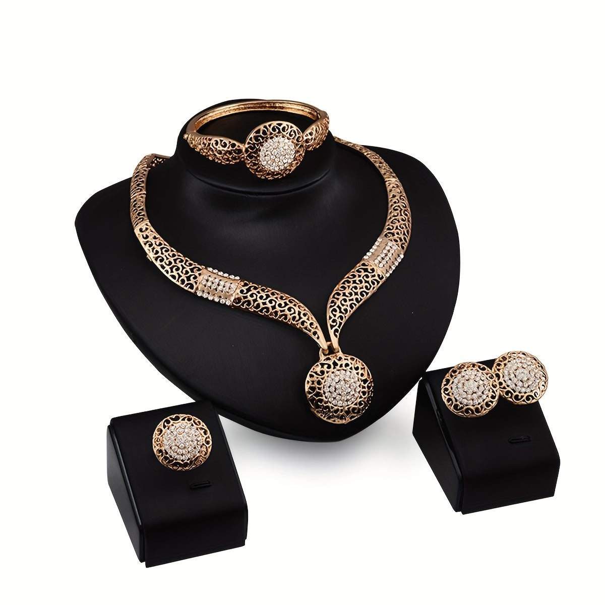 Luxurious Banquet Jewelry Set with Vintage Round Shaped Rhinestone Inlaid Stud Earrings, Ring, Bangle, and Pendant Necklace in Elegant Style