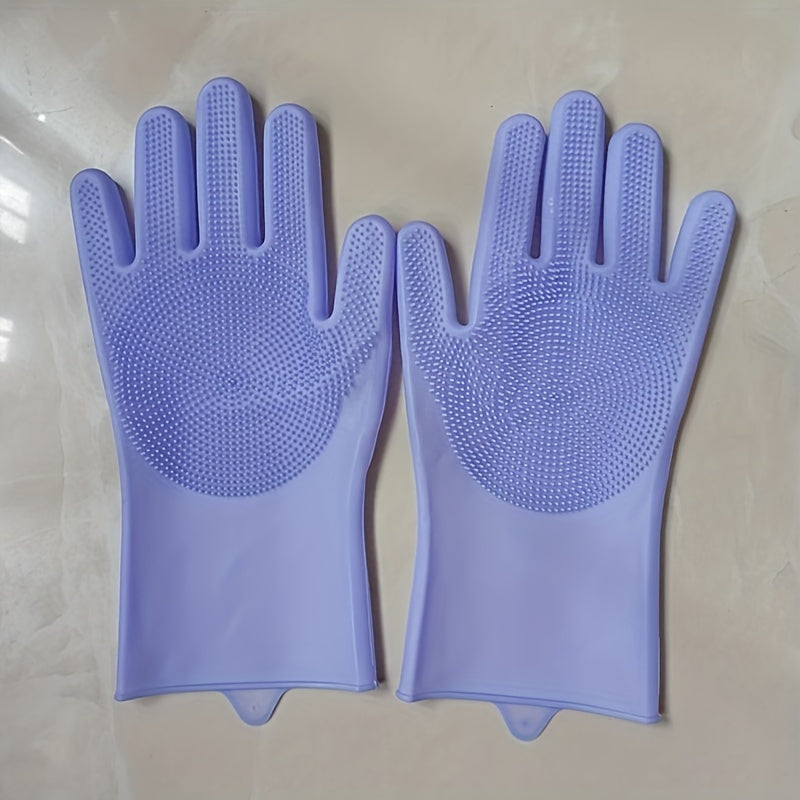 1 pair of Kitchen Silicone Dishwashing Gloves for Housework Cleaning with Waterproof Insulation and Magic Gloves, includes Dishwashing Brush