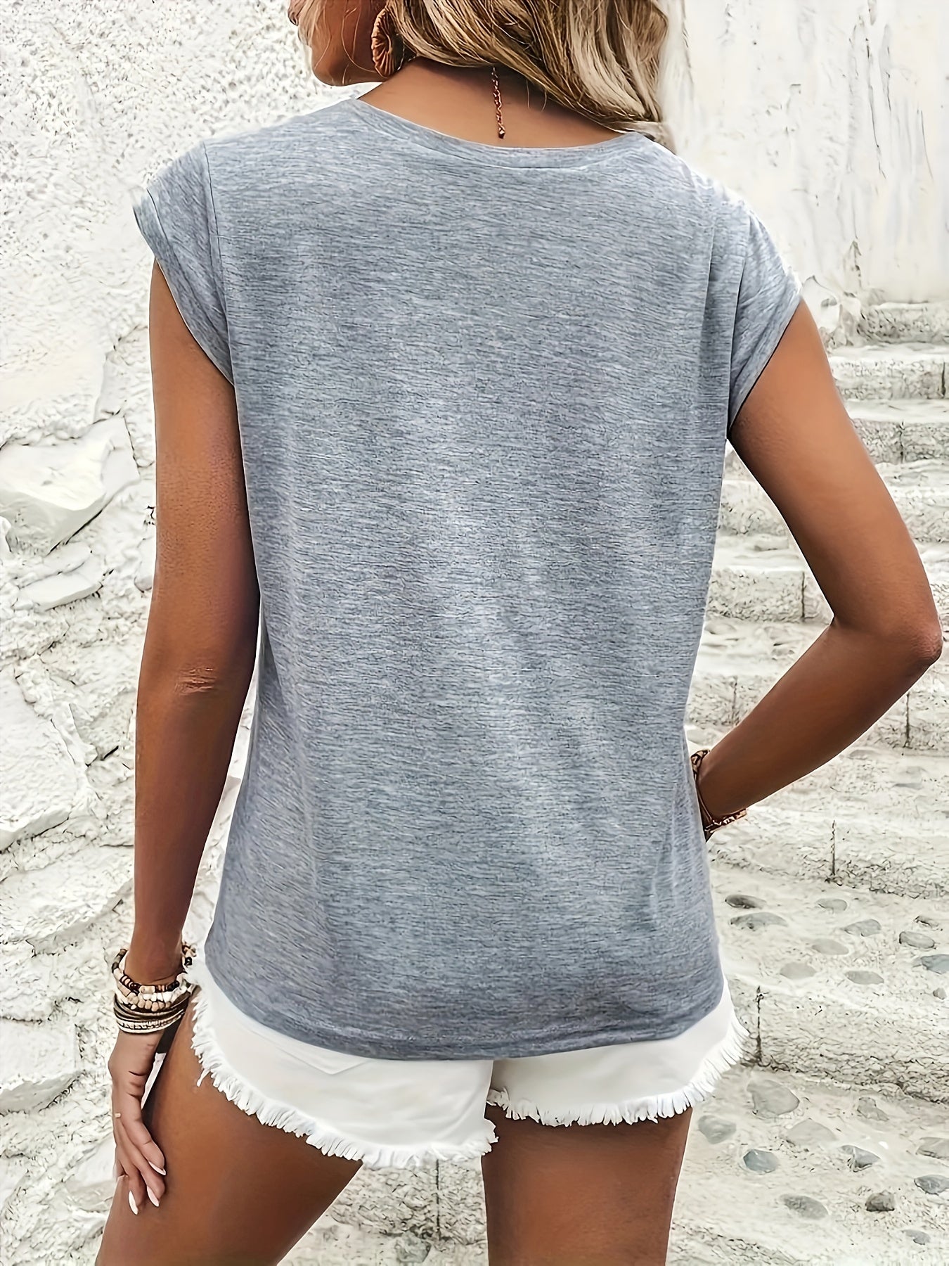 Women's V-Neck T-Shirt - Casual Cap Sleeve, Breathable Polyester, Ideal for Spring/Summer/Fall