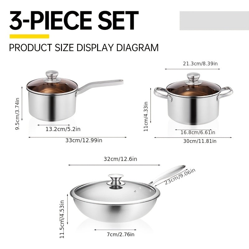 Set of 3 Stainless Steel Cookware Pieces - Includes a Soup Pot, Saucepan, and Wok with Thickened Construction - Ideal for Both Home Cooks and Professional Chefs