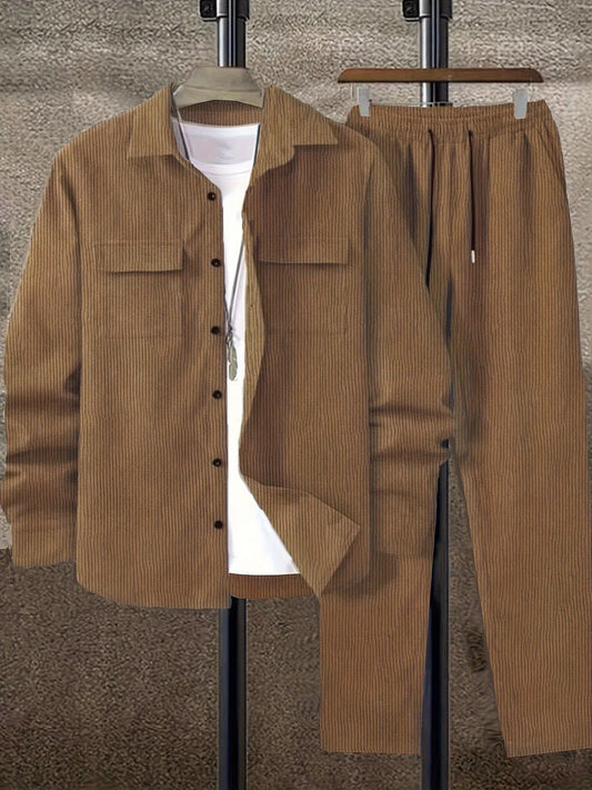 Men's corduroy suit with long sleeve shirt and pants.