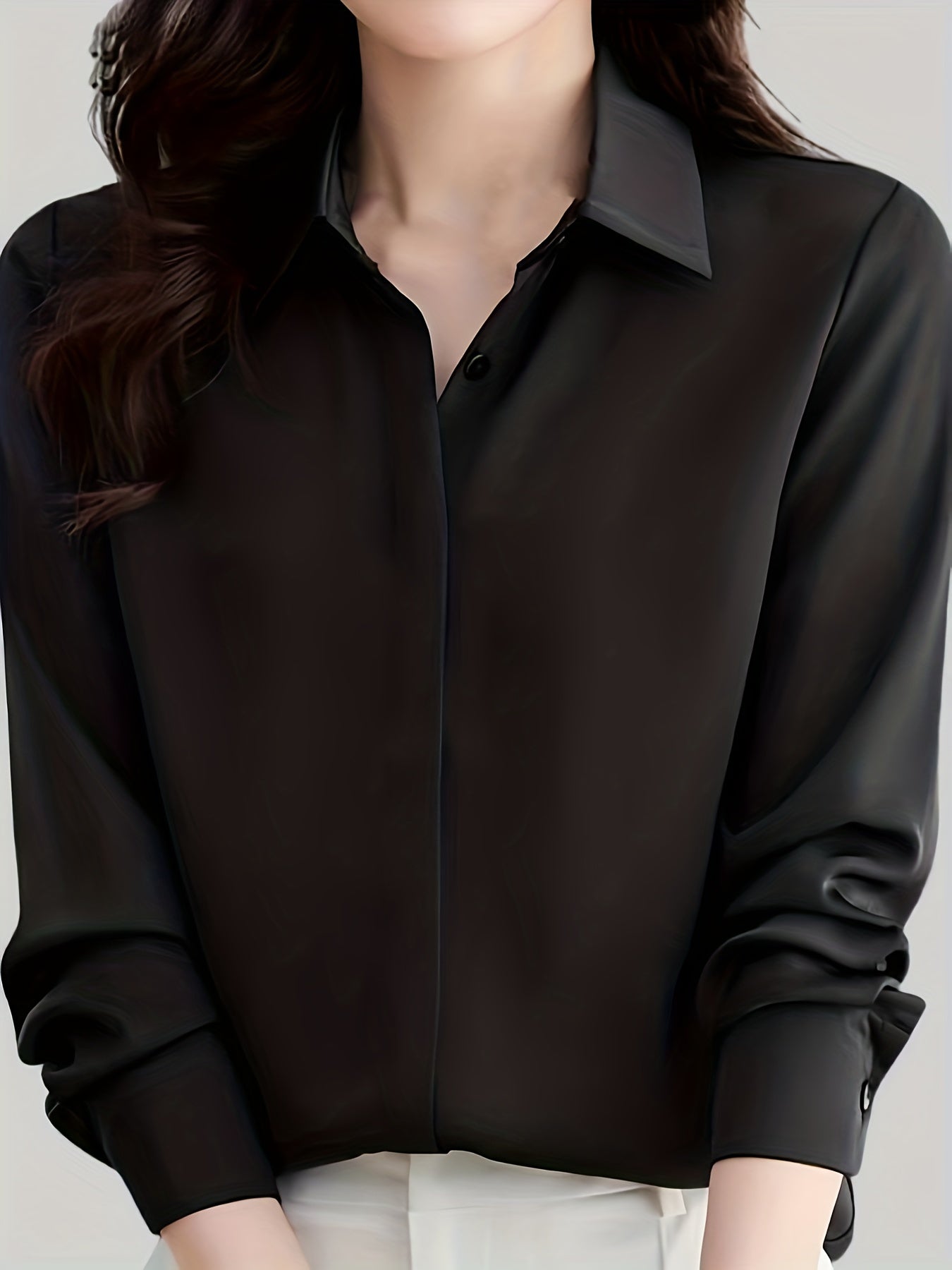 Women's 100% polyester long sleeve blouse in solid color, lapel collar, non-stretch woven fabric with placket. Sexy and professional style, anti-wrinkle, suitable for spring/summer/fall.