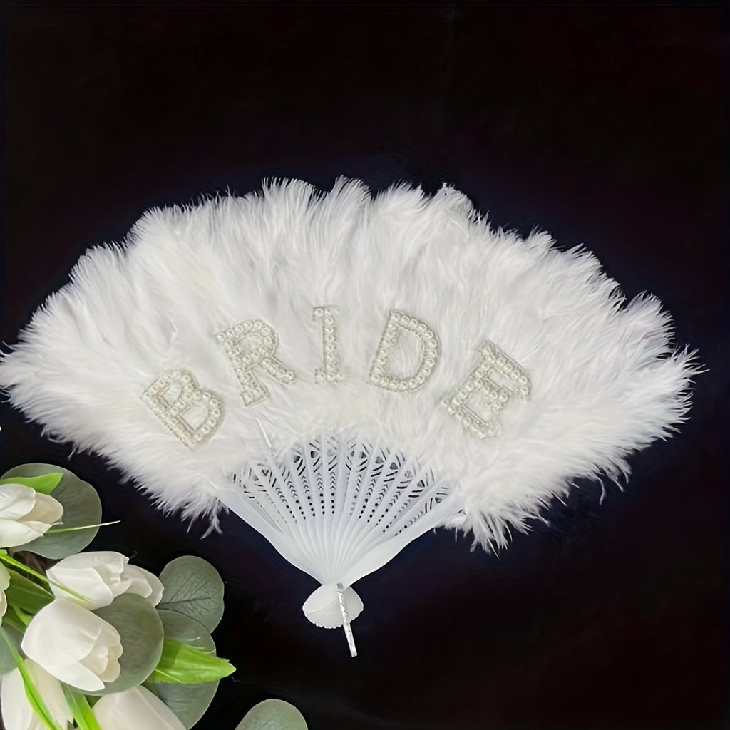 Stylish Bride Handheld Fan with Pearl and Rhinestone Embellishments, 13-inch Plastic White Fan for Weddings, Bachelorette Parties, Bridal Showers, and Honeymoons – Ideal Photo Prop and Gift for the Bride