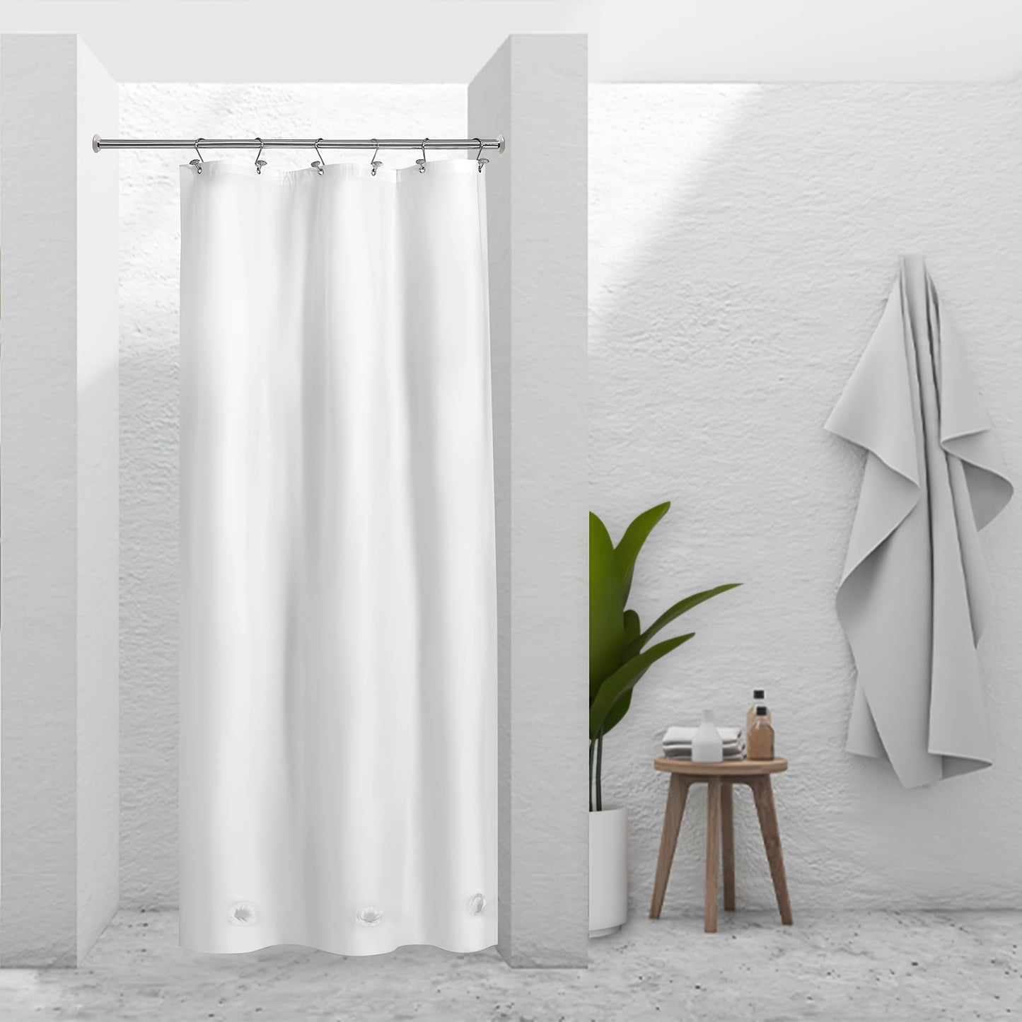 1pc White PEVA Waterproof Shower Curtain with Metal Grommets and Hooks, Machine Washable - Perfect for Bathrooms all year round.