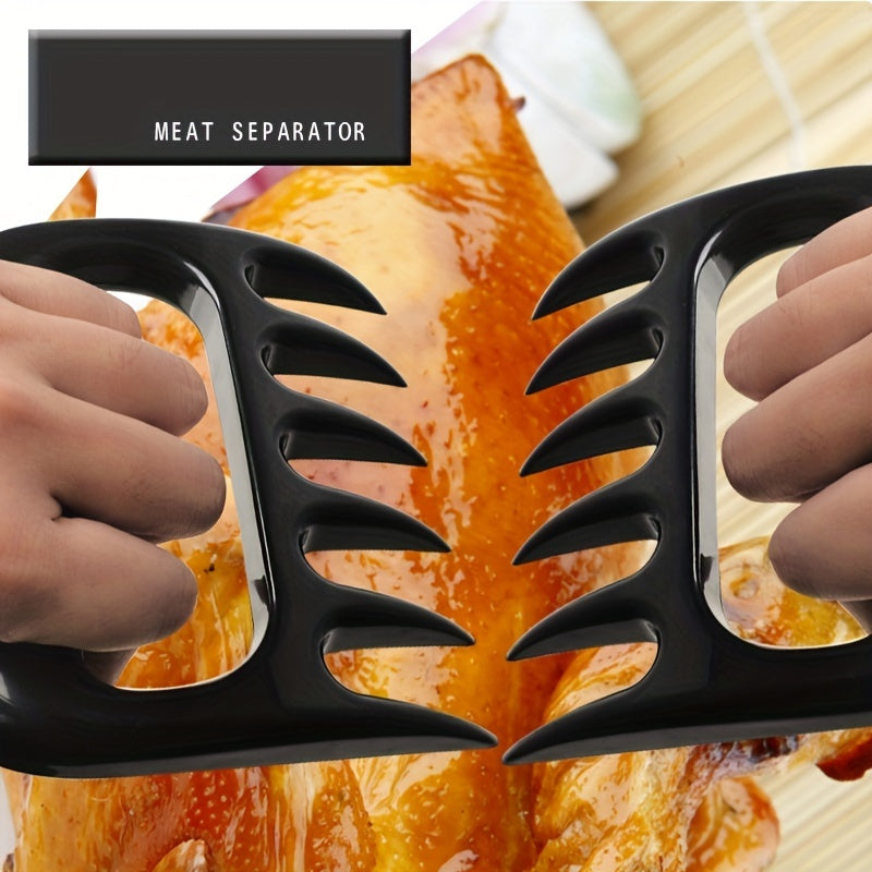 Set of 2 kitchen tongs made of stainless steel with silicone tips, along with a set of 3 meat shredder claws. These multipurpose accessories are perfect for BBQ and cooking tasks, made to handle both metal and plastic food processors.