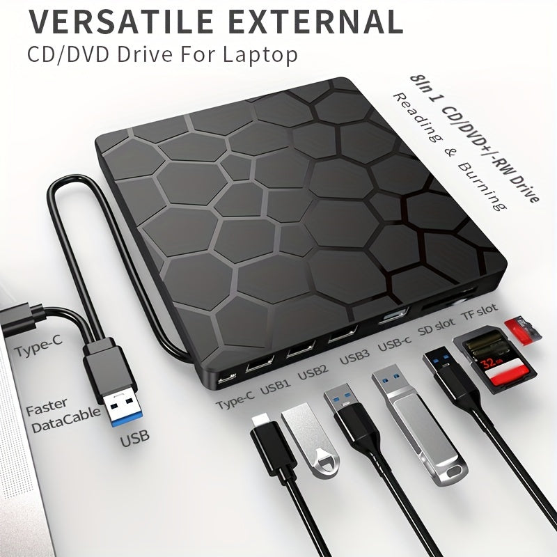 Compact CD/DVD drive for laptops with USB 3.0, Hexagonal design, and playback/burning capabilities for Windows, Mac, Linux. Supports CD/VCD/DVD.