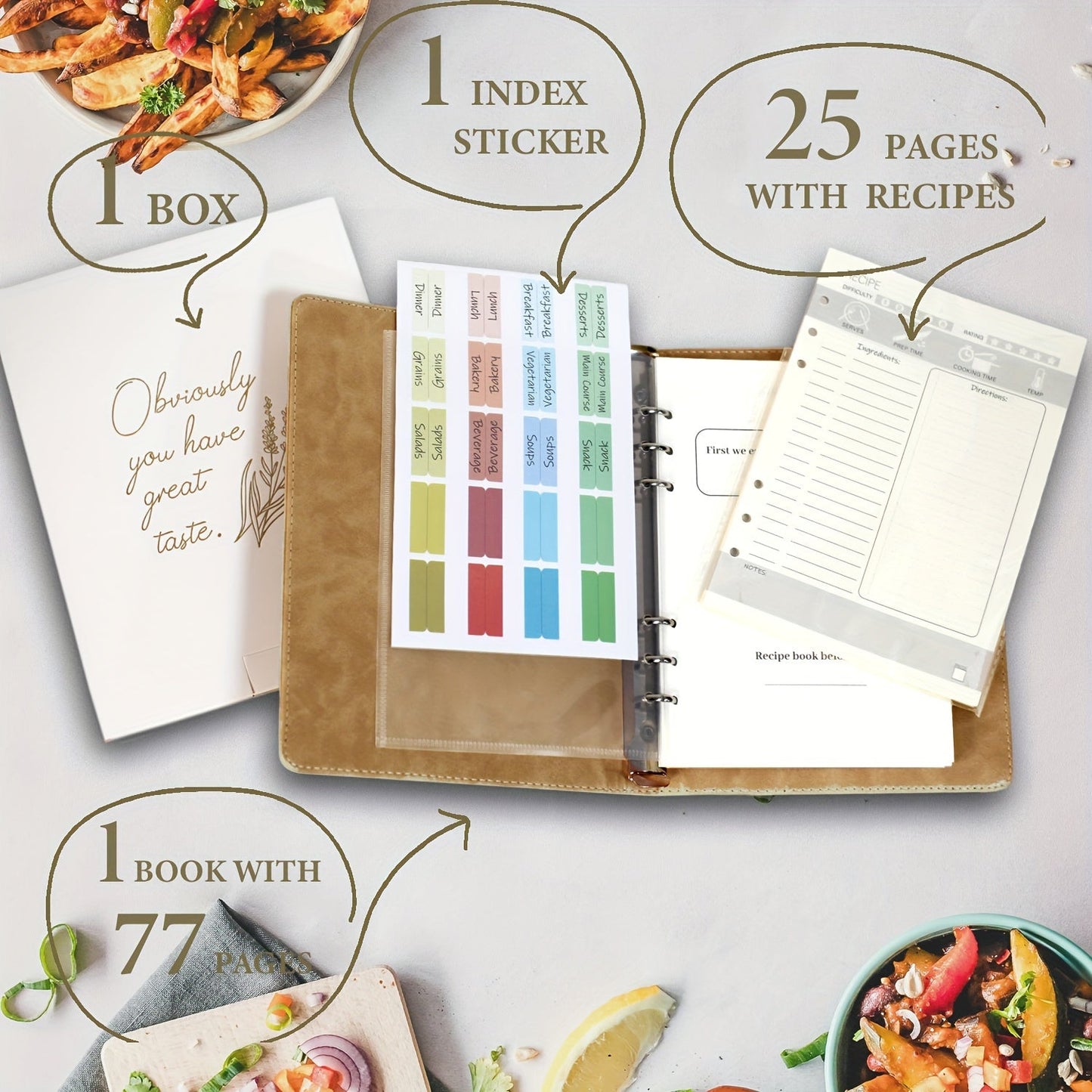 Stylish Brown Leatherette Recipe Book - 194 Blank Pages, Water-Resistant Kitchen Binder for Cooking Enthusiasts, 17.78cm x 9.5" dimensions