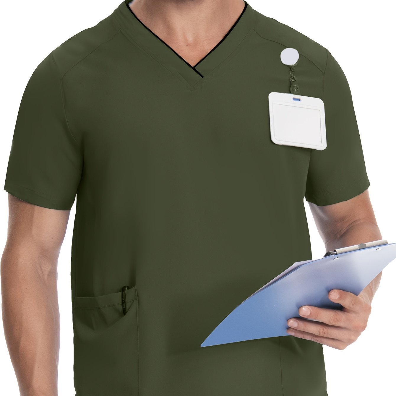 Men's Short Sleeve V-Neck Scrubs with Pockets, Polyester Lab Coat, Breathable with Slight Stretch, Regular Fit, Ideal for Pet Grooming and Medical Uniforms in Spring/Summer/Fall.