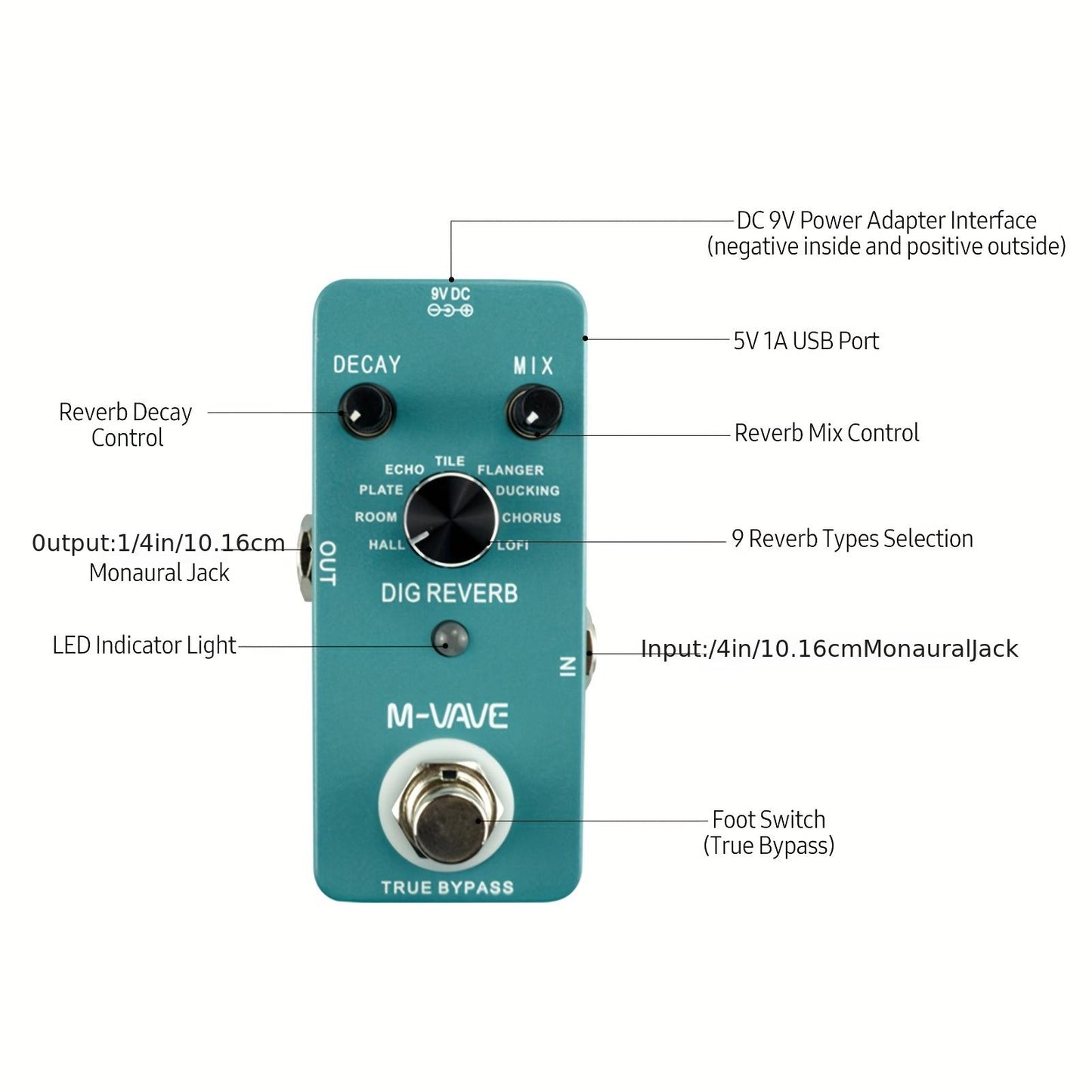 M-VAVE DIG REVERB Gitara Effekt Pedali - 9 ta Raqamli Reverb Turi, USB Quvvatlanadi, Haqiqiy O'tkazish, To'liq Metall Qoplama, Decay va Mix Nazorati, Elektr Gitara uchun