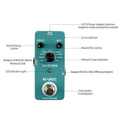 M-VAVE DIG REVERB Gitara Effekt Pedali - 9 ta Raqamli Reverb Turi, USB Quvvatlanadi, Haqiqiy O'tkazish, To'liq Metall Qoplama, Decay va Mix Nazorati, Elektr Gitara uchun