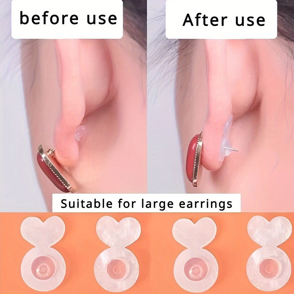 Silicone ear post backs provide invisible support for heavy earrings, preventing earlobes from drooping. This safe solution is ideal for studs and pendants.