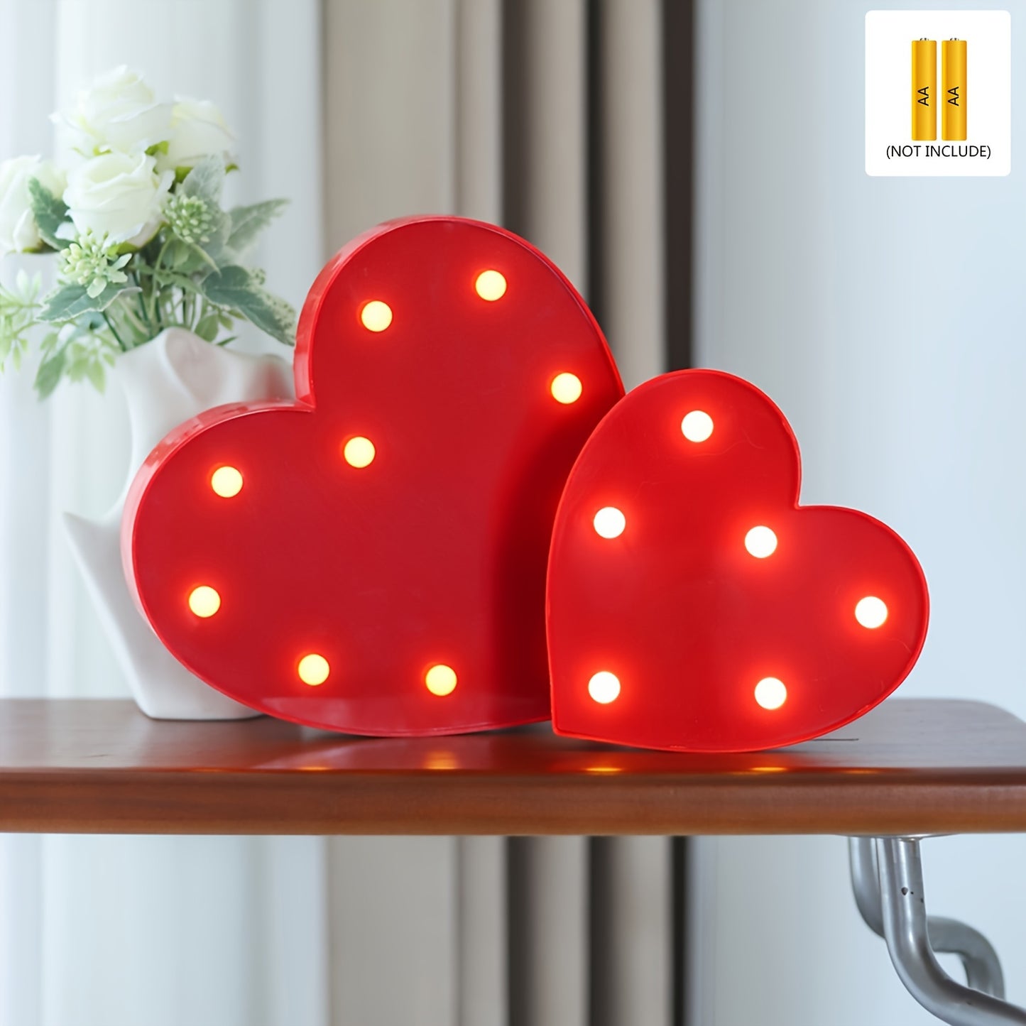 Charming red heart-shaped LED night light for bedroom ambiance, proposals, and gifts. Battery-powered with on/off switch. Perfect for Valentine's and Mother's Day.