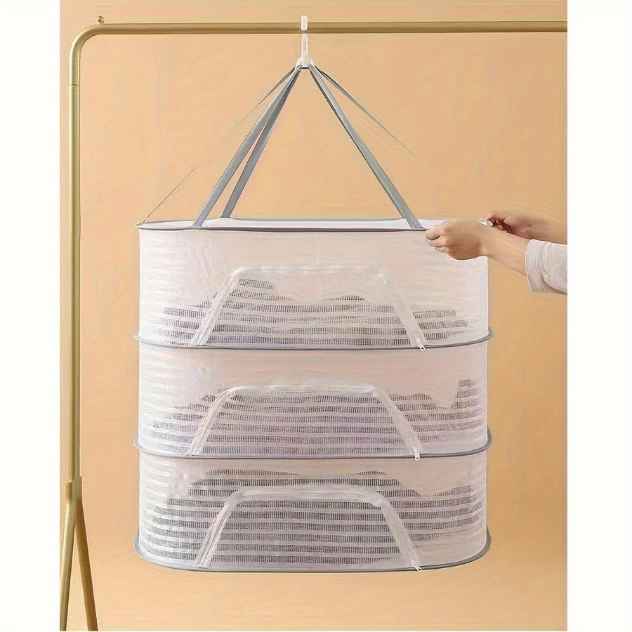 3-Tier Foldable Mesh Drying Rack with Zipper - Multi-functional Hanging Dryer for Laundry, Fish, and More - No Electricity Required, Ideal for Balcony, Clothing Drying, and Organization purposes.