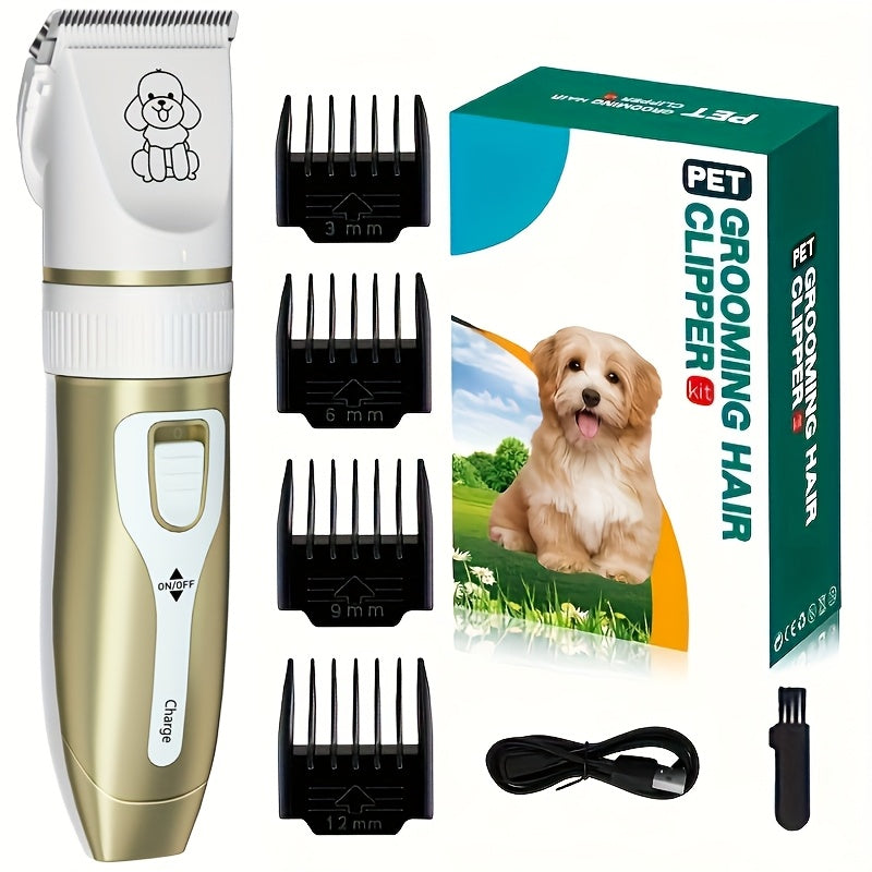 Professional Pet Grooming Kit with USB Rechargeable Electric Clippers & Brush Set for Dogs & Cats, includes Ceramic Blades, 6mm & 12mm Combs - Ideal for Small to Medium Breeds.