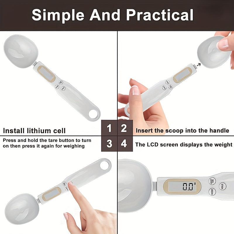 Digital kitchen scale with precision measuring spoon for home cooking and baking, battery powered.