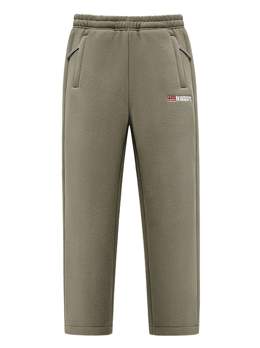 Men's fleece long pants for outdoor sports and casual hiking, featuring elastic cuffs, windproof drawstring waist, zippered pockets, embroidered fleece, and adjustable pant legs.