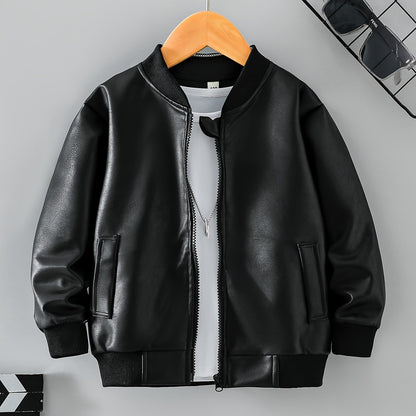 Donabebe Boys' Fashion Black Leather Jacket with zipper closure, made of polyester with lapel collar and faux fur coat.