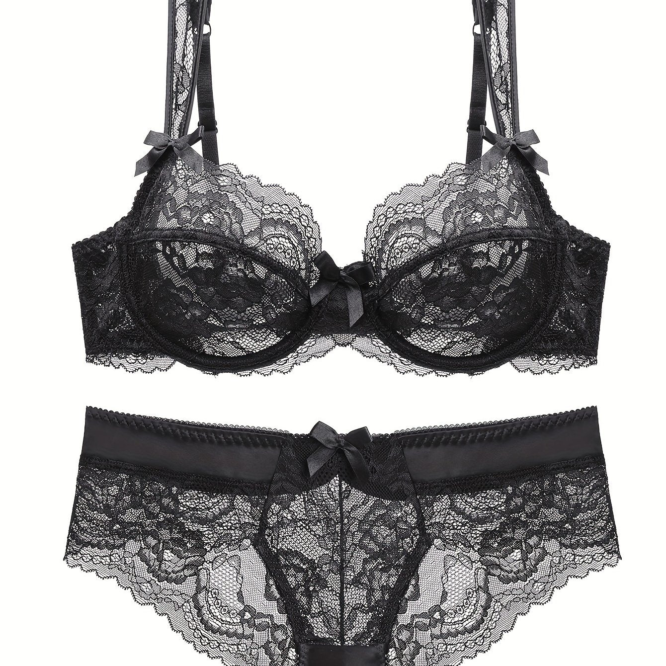 Seductive lace lingerie set with bow decoration.