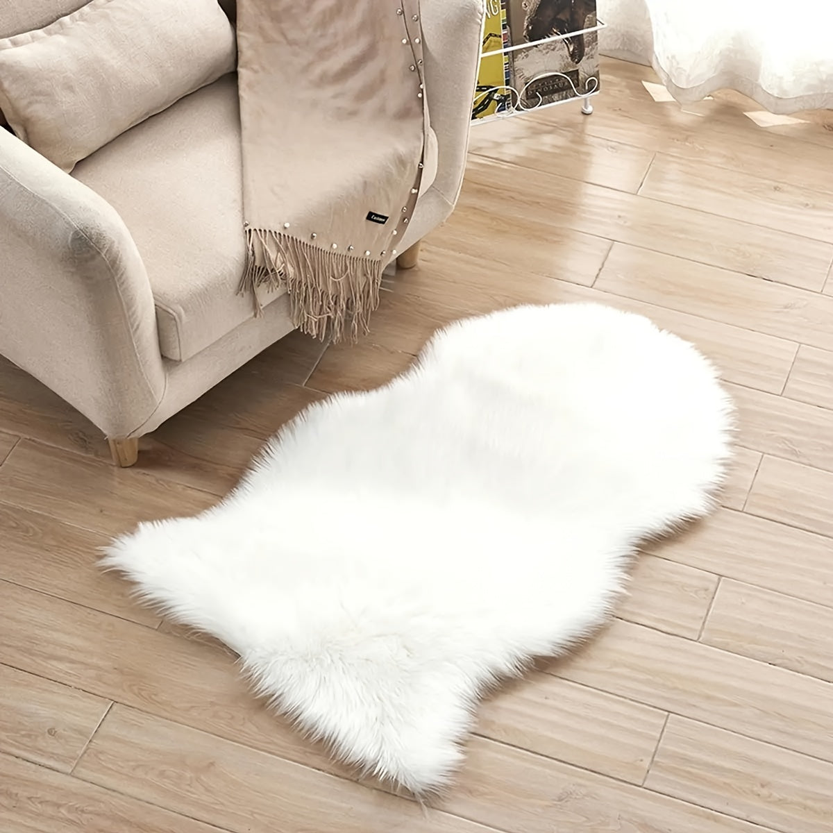 One piece of Faux Fur Rug, Plush Shaggy Area Rug made from Ultra Soft Faux Sheepskin Fur. This White Fuzzy Rug can also be used as a Sheep Skin Throw Rug, Washable Fluffy Area Rug, or a Fluffy Chair Cover.