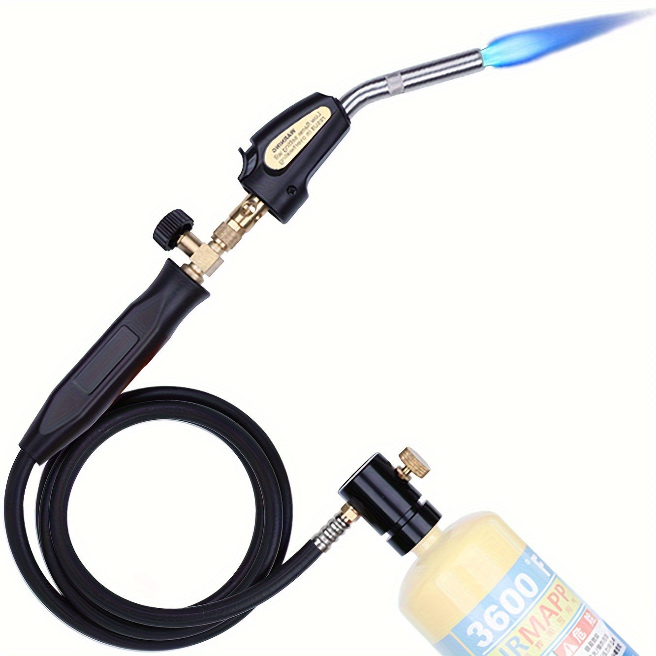 Single propane torch with hose, metal flame torch with trigger start and adjustable flame knob. Stainless steel head, compatible with propane for cooking, welding, and burning. No