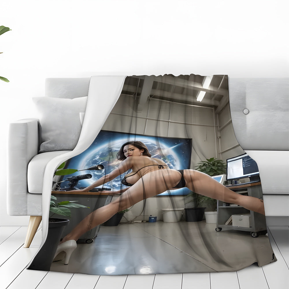 Modern flannel throw blanket that is resistant to stains, perfect for all seasons. Made from knitted polyester, it is cozy and warm with a digital print featuring a sexy blonde. Suitable for use in the living room, bedroom, office, and outdoor camping.