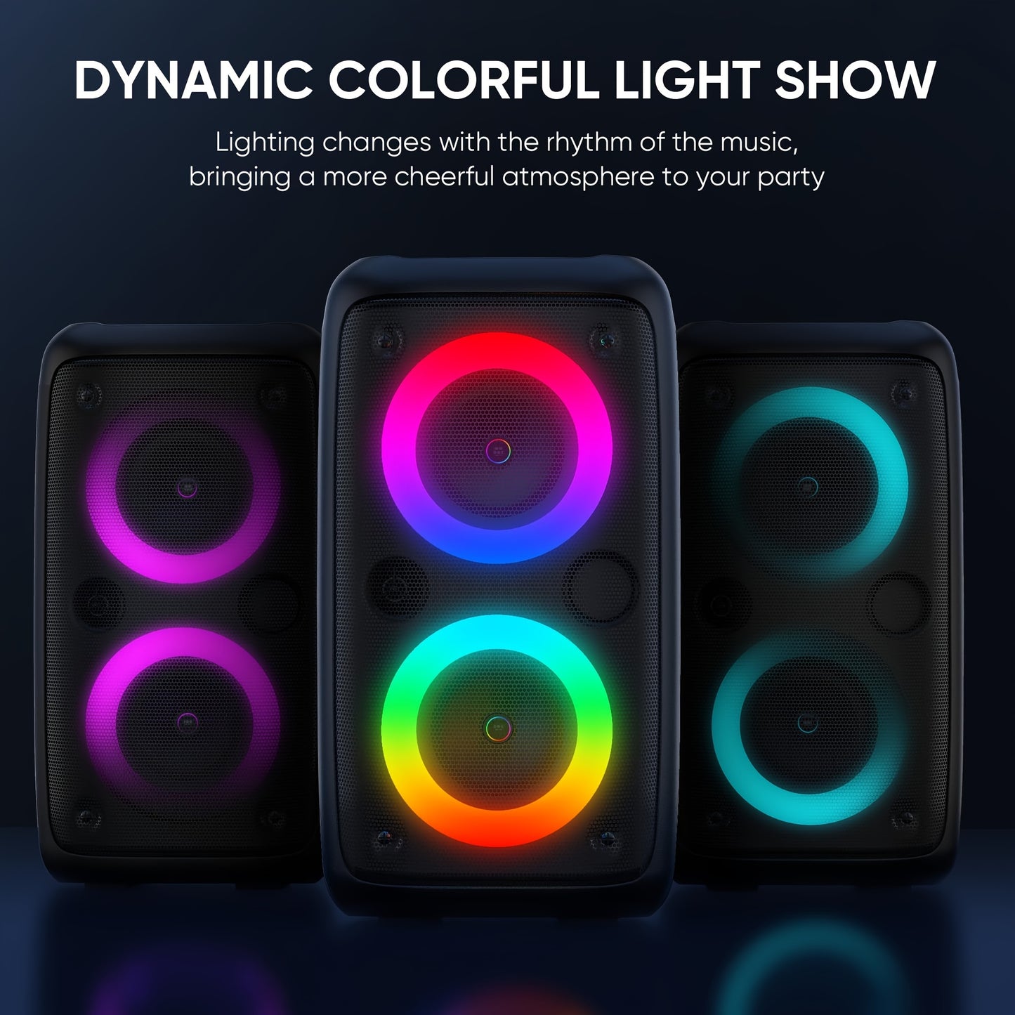 Portable wireless speaker with microphone, LED lights, 2400mAh lithium battery, ideal for home parties and outdoor camping.