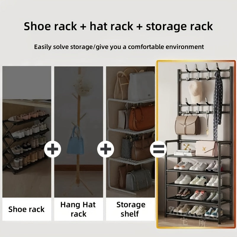 4-5 Tier Metal Shoe Rack with 8 Hooks - Stainless Steel, Multi-Functional Organizer for Home, Dorm, and Rental Spaces