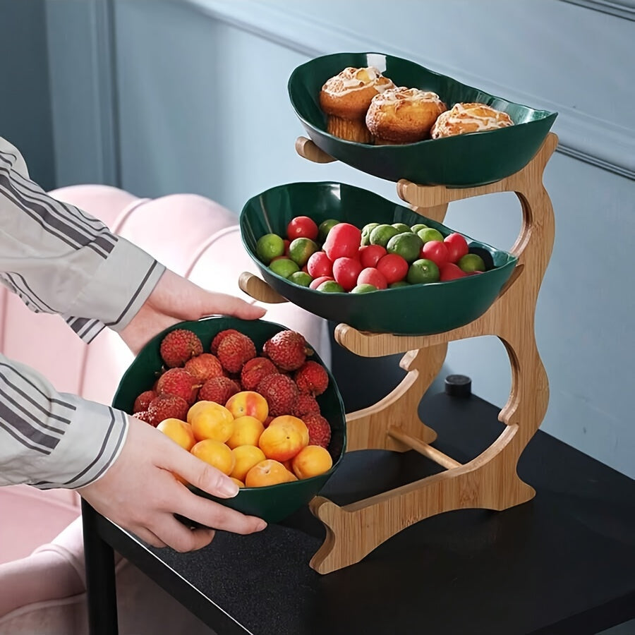 Two-tier/three-tier kitchen fruit basket with European-style design, made of bamboo wood for storing snacks and candies.