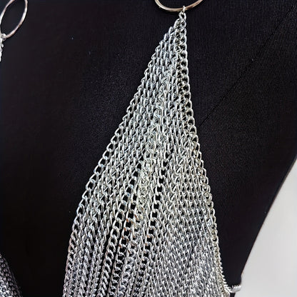 The Y2K Hanging Silvery Body Chain is perfect for music festivals and street rock fashion.