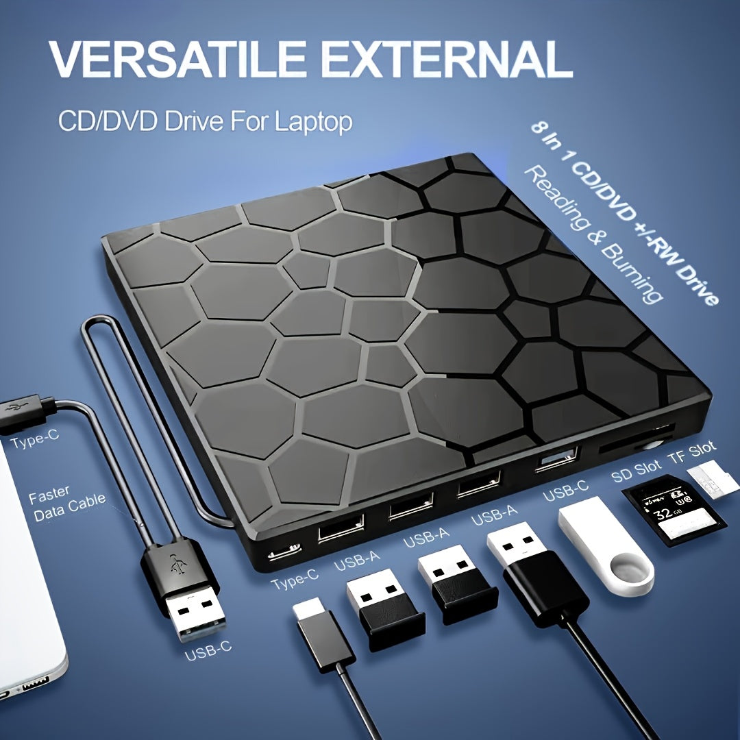 Ultra-slim 8-in-1 USB 3.0 external CD/DVD drive compatible with laptops, desktops, Mac, Windows, and Linux for playing and burning CDs, VCDs, and DVDs.