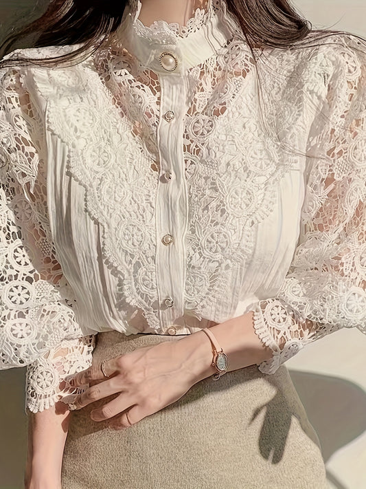 Spring and Autumn Lace Hollow Flower Panel Button Heavy Industry Long-Sleeved Standing Neck Shirt.