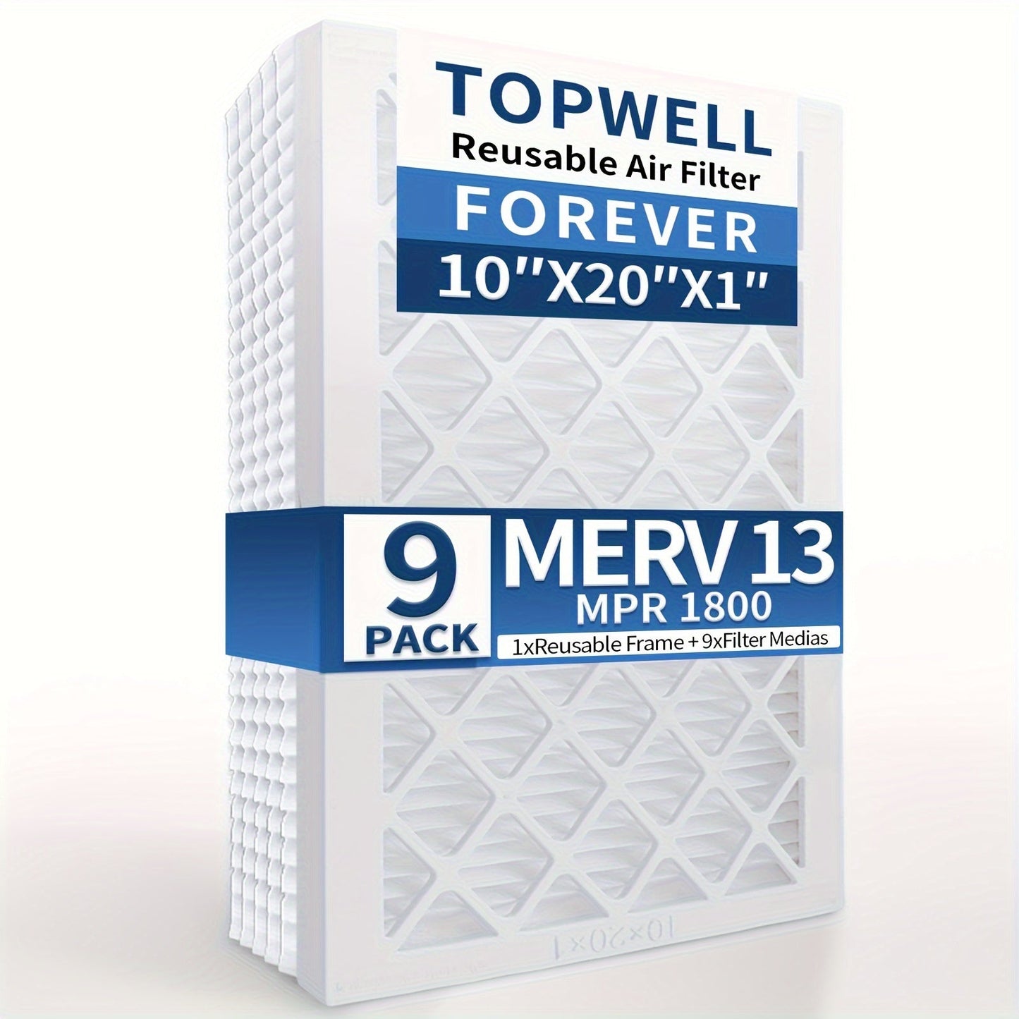 TopWell offers a pack of 9 reusable air filters measuring 10x20x1 inches, designed to last forever. These high-efficiency AC/HVAC filters have a MERV 13 rating and MPR 1800, ensuring enhanced air quality. Each filter comes with a durable plastic frame