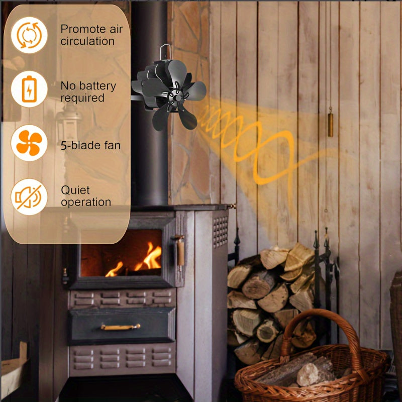 Aluminum Heat Powered Stove Fan suitable for Wood, Gas, and Pellet Log Burners, offering Silent Operation. Features a Polished Finish, High Velocity Air Circulation, and does not require electricity. Ideal fireplace accessory with multiple components.