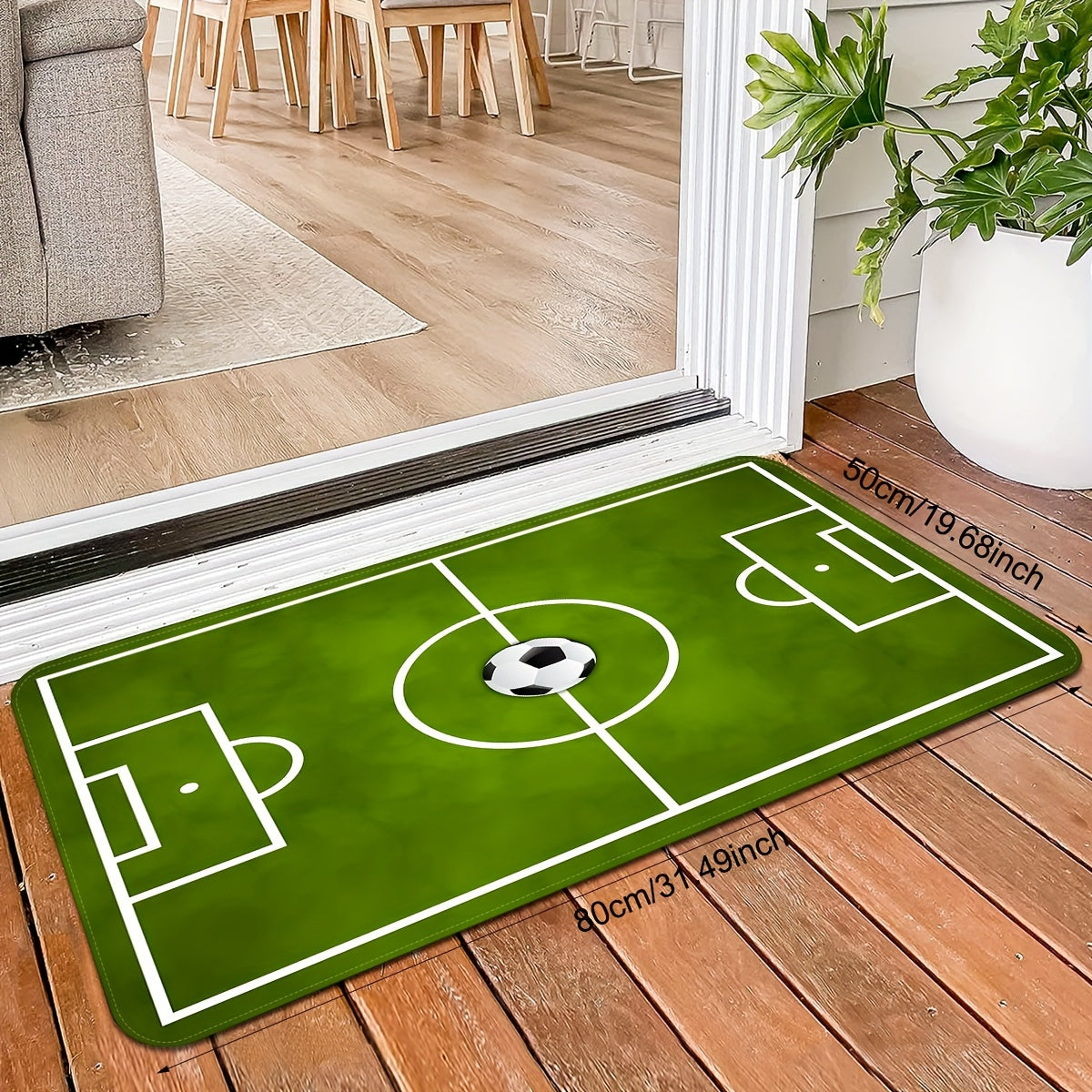 Add a vibrant touch to your home decor with this vibrant green soccer stadium design area mat. Made from soft, non-slip polyester, this stain-resistant rug is perfect for living rooms, doorways, hallways, and balconies. Bring a sporty vibe to your space