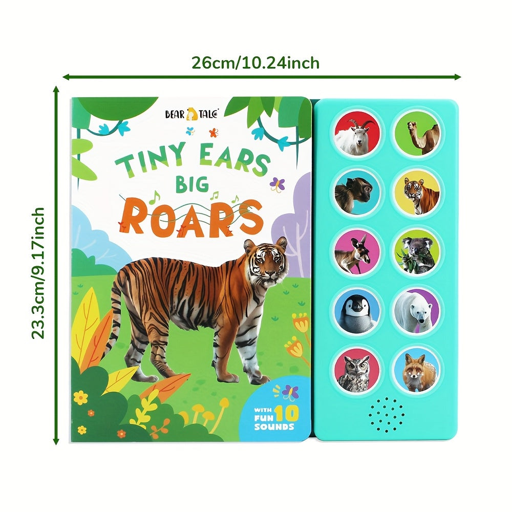 Bear Tale® Tiny Ears Big Roars is a 10-button sound book for children, featuring wild animals. It is an interactive audio book for learning, making it an ideal gift for toddlers.