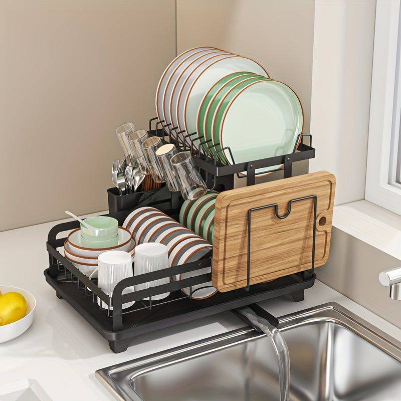 Kitchen Countertop Dish Drying Rack with Double Layers and Large Capacity, Steel Drainboard Dish Drainer with Utensil Holder, Suitable for Dishes, Knives, Cups, and Cutting Boards, Dimensions 41.4 x 28.96 x 27.43cm, Essential Kitchen Supplies