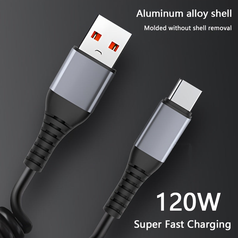 1pc SOZH 120W Super Fast Charging USB to Type-C Cable with Spring Retractable Design, PVC Material, Supports Data Transfer, Compatible with Huawei, Samsung, Apple, OPPO, VIVO - No Battery