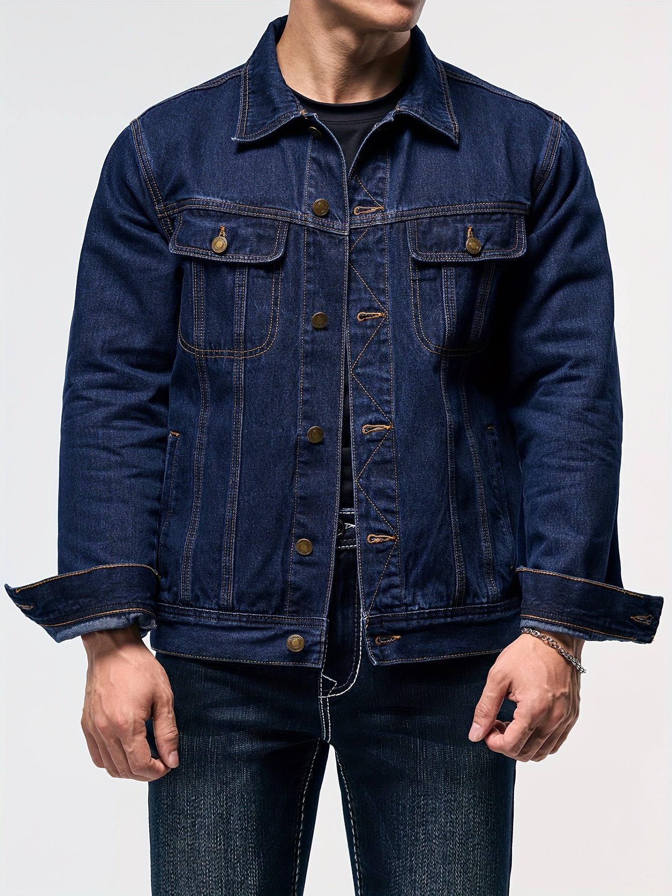 Men's Denim Jacket - Long Sleeve with Flap Pockets, Machine Washable