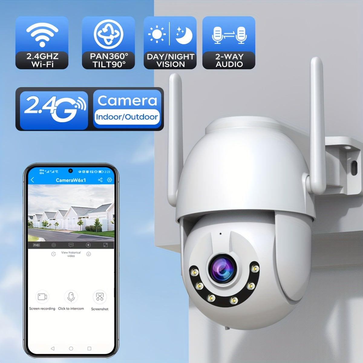 Experience ultimate security with the JOOAN 1296P Outdoor Security Camera. This WiFi enabled camera features 360° auto-tracking PTZ, night vision, motion detection, two-way audio, and is powered by USB.