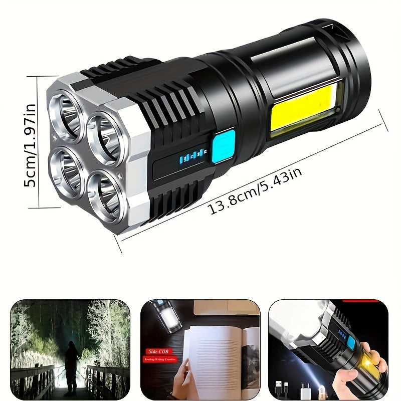 USB rechargeable LED flashlight with 4 modes and COB side light, perfect for outdoor activities.